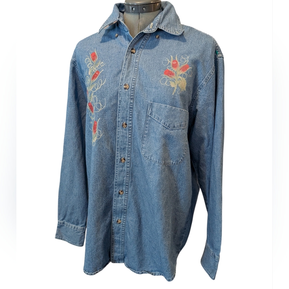 90s Y2K Women's Vintage Cotton Denim Shirt with Floral Artwork Design Medium